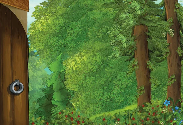 Açık kapı ile ormanda ev ile karikatür yaz sahnesi - sahnede kimse - çocuklar için illüstrasyon — Stok fotoğraf