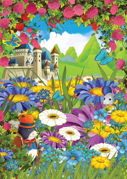 cartoon summer scene castle on the meadow with roses - nobody on scene - illustration for children