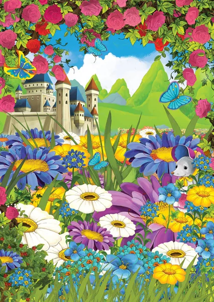 Castillo de la escena de verano de dibujos animados en el prado con rosas con ratón en las flores - ilustración para los niños —  Fotos de Stock