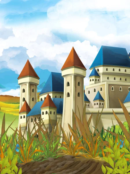 Cartoon-Sommerszene Burg auf der Wiese und am Himmel - niemand vor Ort - Illustration für Kinder — Stockfoto