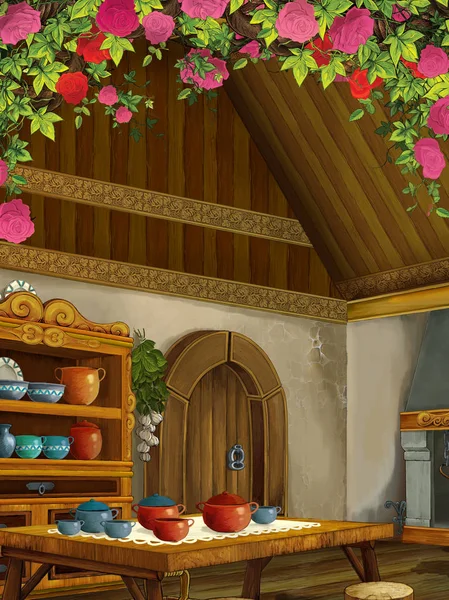 Cena dos desenhos animados com sala de cozinha medieval com rosas - interior para uso diferente - ilustração para crianças — Fotografia de Stock