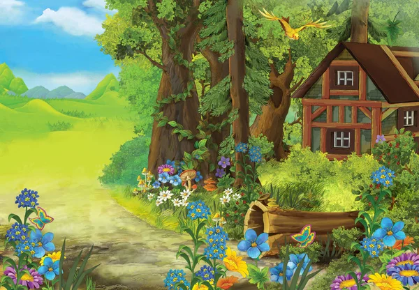 Kreslená letní scéna s loukou v lese a skrytým dřevěným domem ilustrace pro děti — Stock fotografie