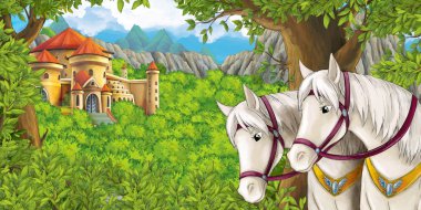 orman kalesi ve çocuklar için at illüstrasyon yakın dağlar vadisi ile karikatür sahne