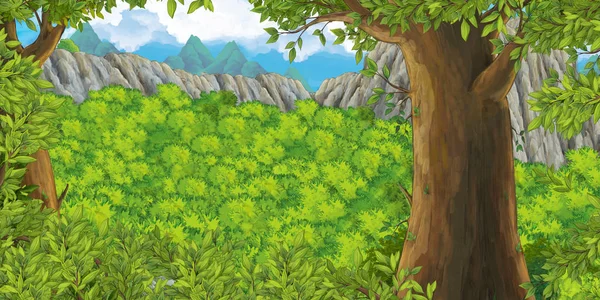Мультяшная сцена с долиной гор рядом с лесной иллюстрацией для детей — стоковое фото