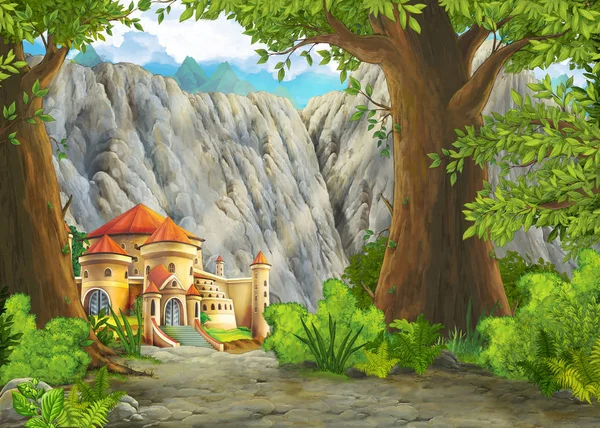 Cartoon scene with mountains valley near the forest and castle i — Stock Photo, Image