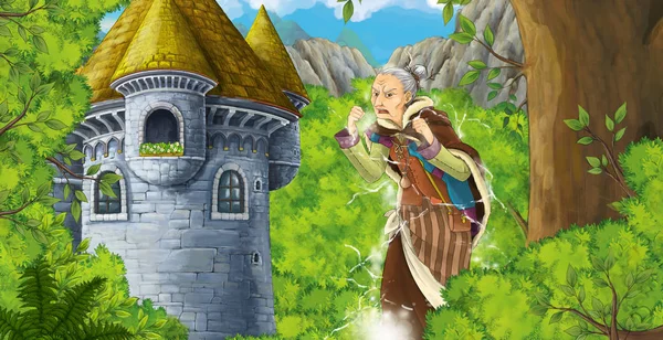 cartoon scene with mountains valley near the forest and castle and older woman like a witch illustration for children