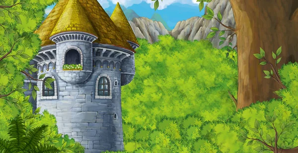 Cartoon scene with mountains valley near the forest and castle illustration for children — Stock Photo, Image