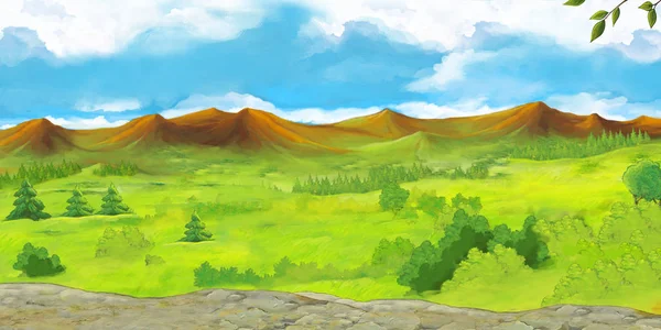 Escena de verano de dibujos animados con valle del prado - nadie en escena - ilustración para niños — Foto de Stock