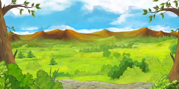 Cartoon summer scene with meadow valley - nobody on scene - illustration for children — Stock Photo, Image