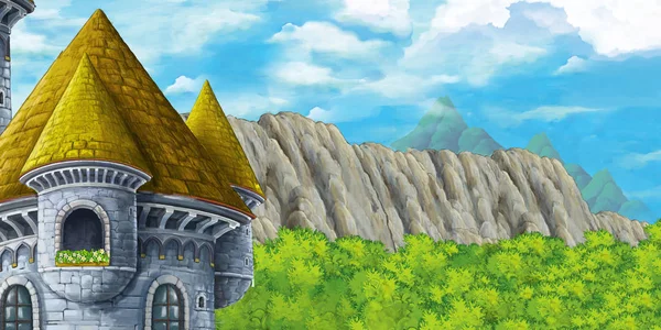 Kreslená scéna s horami v údolí nedaleko lesa a zámecká ilustrace pro děti — Stock fotografie