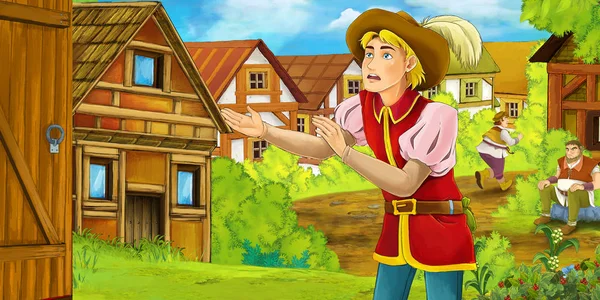 Cartoon-Sommerszene mit Weg zum Bauerndorf mit Bauern und Prinz - Illustration für Kinder — Stockfoto