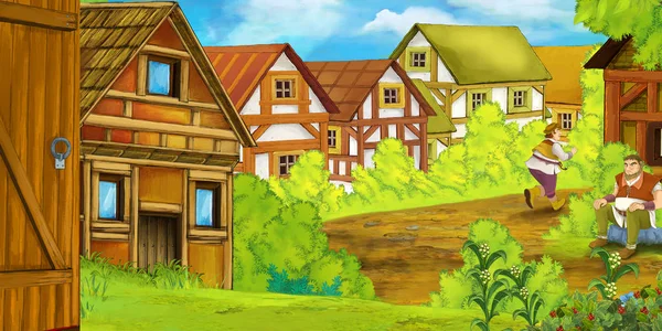 Cartoon summer scene with path to the farm village with farmers - illustration for children — Stock Photo, Image