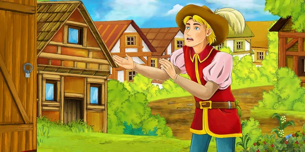 Cartoon summer scene with path to the farm village with prince - illustration for children — Stock Photo, Image