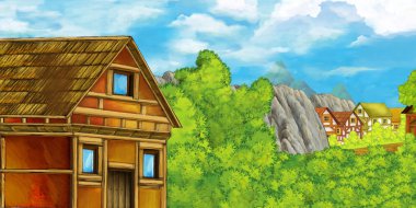 çocuklar için ahşap ev illüstrasyon ile orman yakınındaki dağlar vadisi ile karikatür sahne