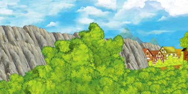 Scena z kreskówek z doliną gór w pobliżu lasu ilustracja dla dzieci — Zdjęcie stockowe
