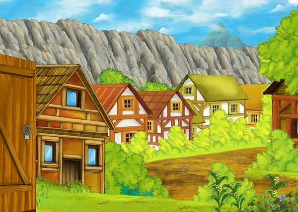 Cartoon scene with mountains valley near the forest with wooden house illustration for children — Stock Photo, Image