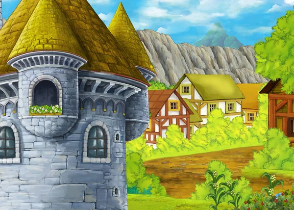 Scène de dessin animé avec vallée de montagnes près de la forêt avec maison en bois et tour de château illustration pour les enfants — Photo