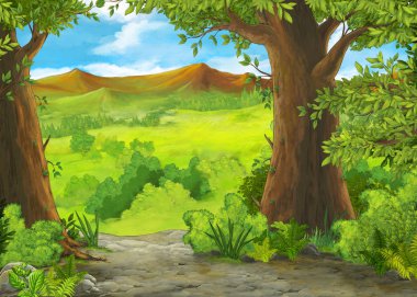 cartoon summer scene with meadow valley - nobody on scene - illustration for children clipart