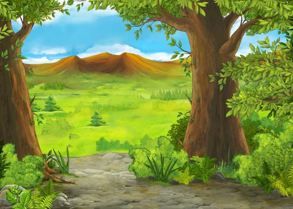Cartoon summer scene with meadow valley - nobody on scene - illustration for childrencartoon summer scene with meadow valley - nobody on scene - illustration for children — Stock Photo, Image