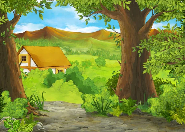 Escena de dibujos animados con montañas y valle con casa de campo escondida cerca del bosque ilustración para niños —  Fotos de Stock