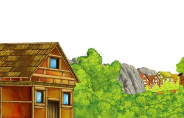 çocuklar için metin illüstrasyon için beyaz arka plan alanı ile ahşap ev ile orman yakınındaki dağlar vadisi ile karikatür sahnesi