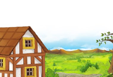 çocuklar için metin illüstrasyon için beyaz arka plan alanı ile ahşap ev ile orman yakınındaki dağlar vadisi ile karikatür sahnesi