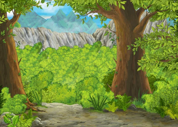 Мультфильм летняя сцена с луговой долиной - никто на сцене - иллюстрация для детей — стоковое фото