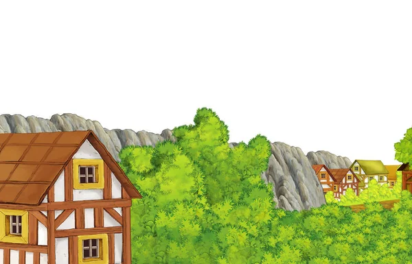 Scène de dessin animé avec vallée de montagnes près de la forêt avec maison en bois avec espace de fond blanc pour l'illustration de texte pour les enfants — Photo