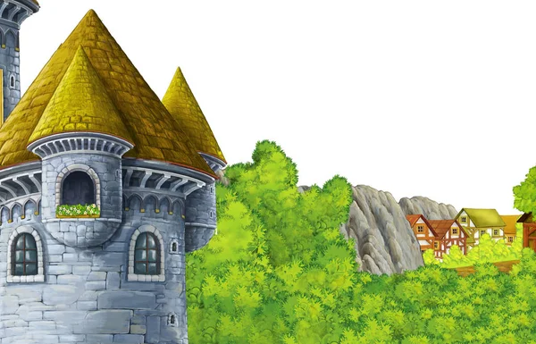 Escena de dibujos animados con montañas valle cerca del bosque con casa de madera con espacio de fondo blanco para ilustración de texto para niños —  Fotos de Stock