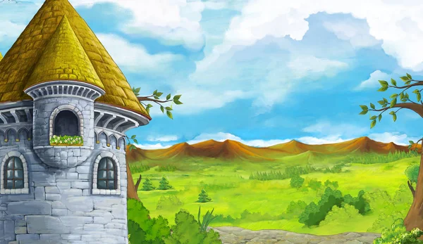 Scena dei cartoni animati con montagne valle vicino alla foresta e castello illustrazione per bambini — Foto Stock