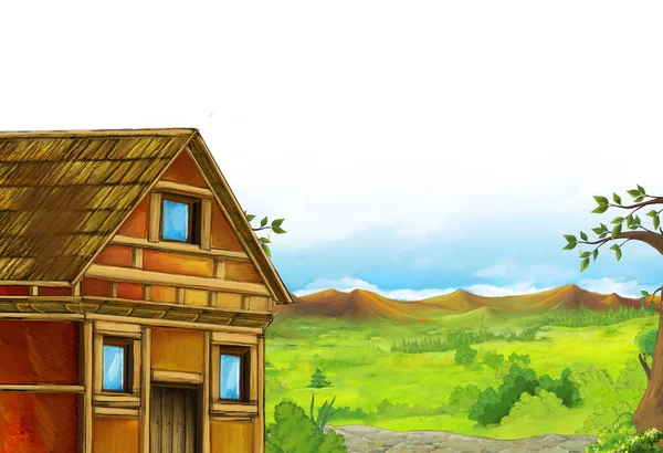 Scena kreskówki z doliny gór w pobliżu lasu z drewnianym domu z białym tle miejsca na tekst ilustracji dla dzieci — Zdjęcie stockowe