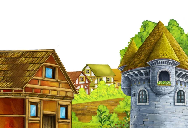 Σκηνή κινουμένων σχεδίων με βουνά κοιλάδα κοντά στο δάσος με ξύλινο σπίτι με λευκό χώρο στο παρασκήνιο για την απεικόνιση κειμένου για τα παιδιά — Φωτογραφία Αρχείου