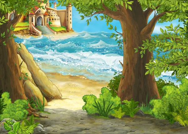 Cartoon scene of beautiful castle by the beach and ocean or sea - illustration for children — Stock Photo, Image