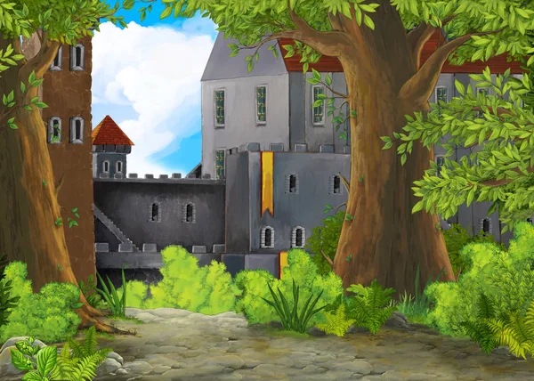Cena da natureza dos desenhos animados com belo castelo - ilustração para as crianças — Fotografia de Stock