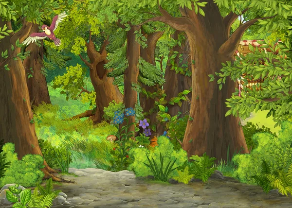 Desenho animado cena de verão com prado na floresta ilustração para crianças — Fotografia de Stock
