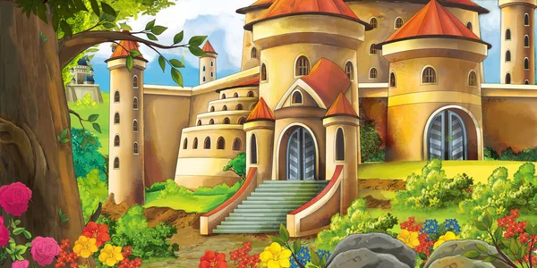 Cartoon nature scene with beautiful castle - illustration for the childrenCartoon nature scene with beautiful castle - illustration for the children — Zdjęcie stockowe