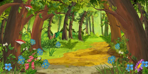 Cartoon scene with mountains and valley with farm house hidden in the forest illustration for children — Stock Photo, Image