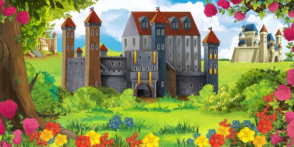 Scena di natura del fumetto con bellissimo castello - illustrazione per i bambini — Foto Stock