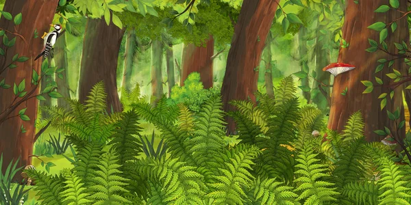 cartoon scene with mountains and valley with farm house hidden in the forest illustration for children