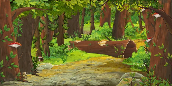 Cartoon summer scene with meadow in the forest illustration for children — Stock Photo, Image