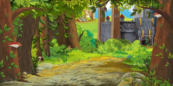 Cartoon nature scene with beautiful castle - illustration for the children — Stock Photo, Image