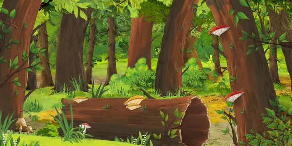 Escena de verano de dibujos animados con prado en el bosque ilustración para niños —  Fotos de Stock