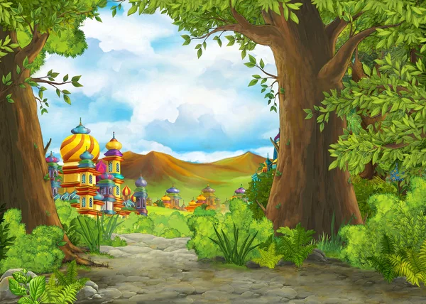 Dibujos animados escena de la naturaleza con hermoso castillo - ilustración para los niños — Foto de Stock