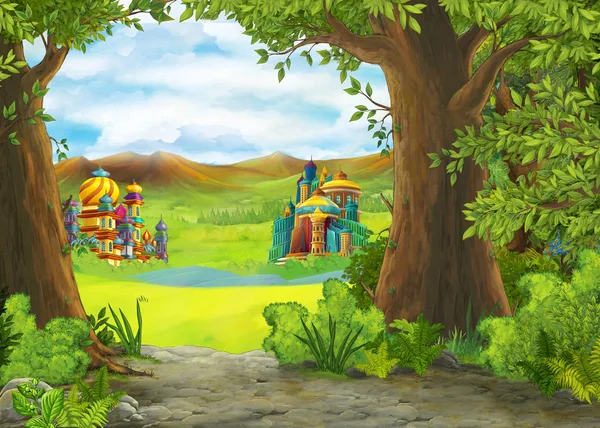 Cartoon nature scene with beautiful castle - illustration for the children — Stock Photo, Image