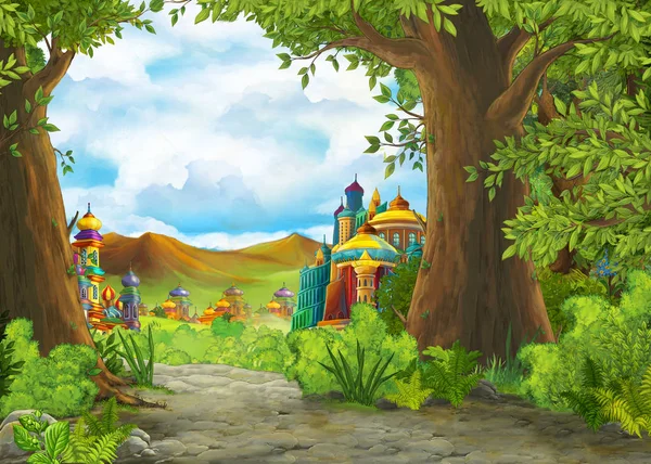Cartoon nature scene with beautiful castle - illustration for the children — Stock Photo, Image