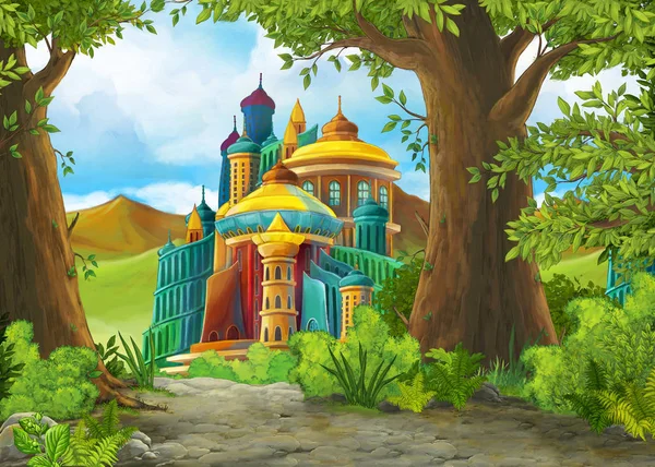 Dibujos animados escena de la naturaleza con hermoso castillo - ilustración para los niños —  Fotos de Stock