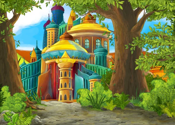 Мультфильм о природе с красивым замком - иллюстрация для детей — стоковое фото
