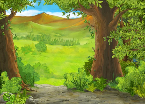 Desenho animado cena de verão com prado na floresta ilustração para crianças — Fotografia de Stock