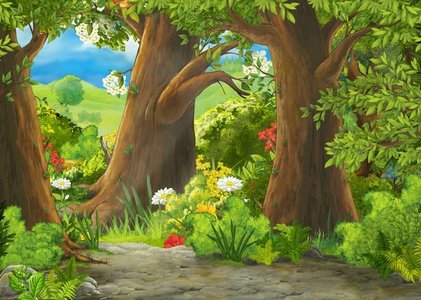Cartone animato scena estiva con prato nella foresta illustrazione per bambini — Foto Stock