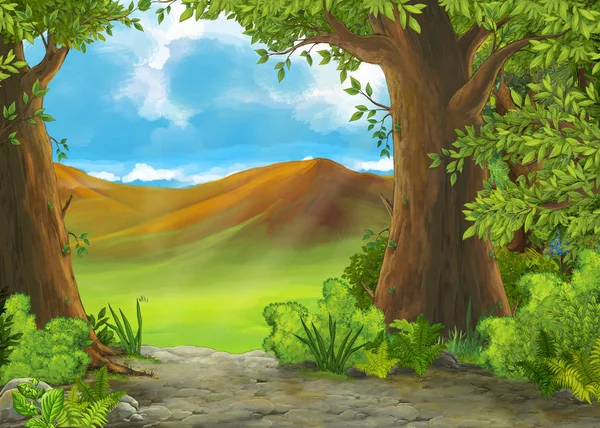 Scena letnia kreskówki z łąką w lesie ilustracji dla dzieci — Zdjęcie stockowe